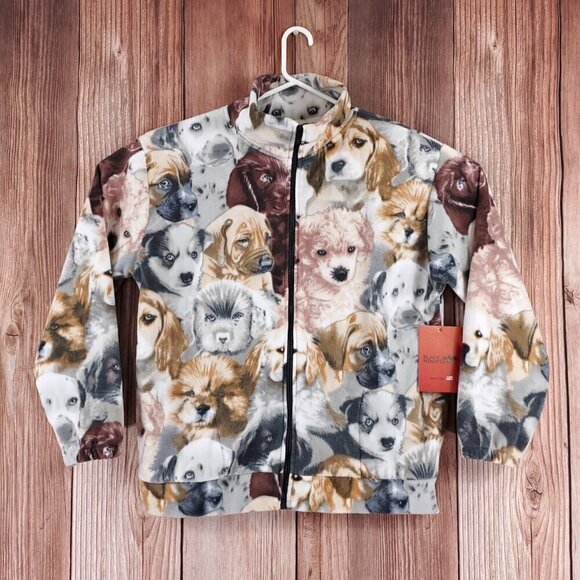 NWT Vtg Black Mountain Large Puppies Dogs Print Full Zip Fleece Jacket USA Made - Picture 1 of 11